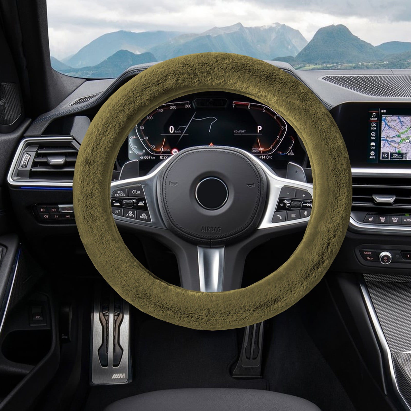 AU Luxury Fluffy Winter Car Steering Wheel Cover for Women Soft Warm Plush Cute Auto Accessories for Vehicle, Sedan, Universal, Fuzzy, Anti Slip, Black, 14in, Standard Size 14.5-15"(37-38cm)