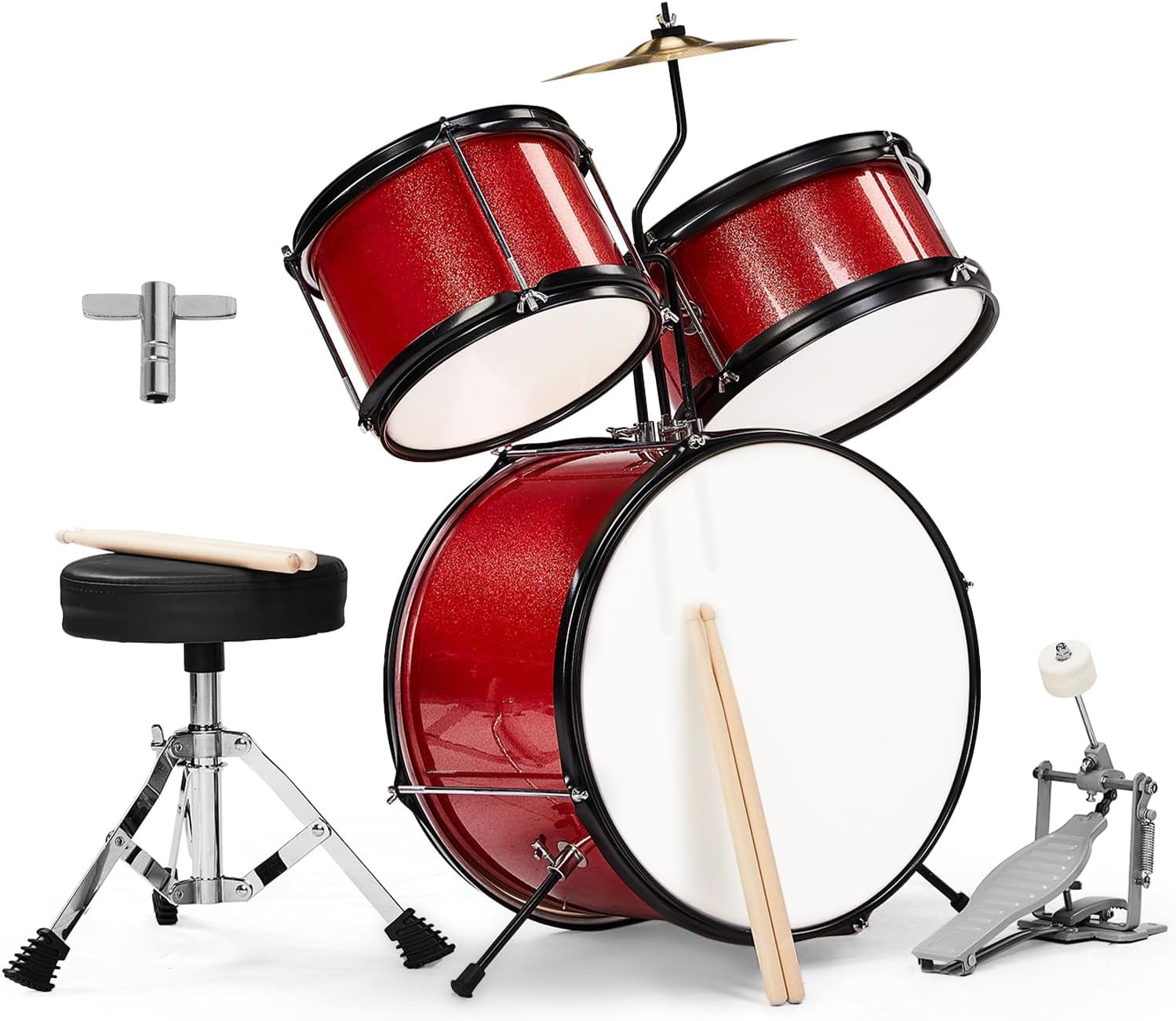 3-Piece Drum Set, 14 Inch Beginners Drums Kit with Throne Stool, Pedal & 2 Pairs of Drumsticks, Junior Drums Set Musical Instruments W/Cymbal, Tom, and Snare Drum (Red)