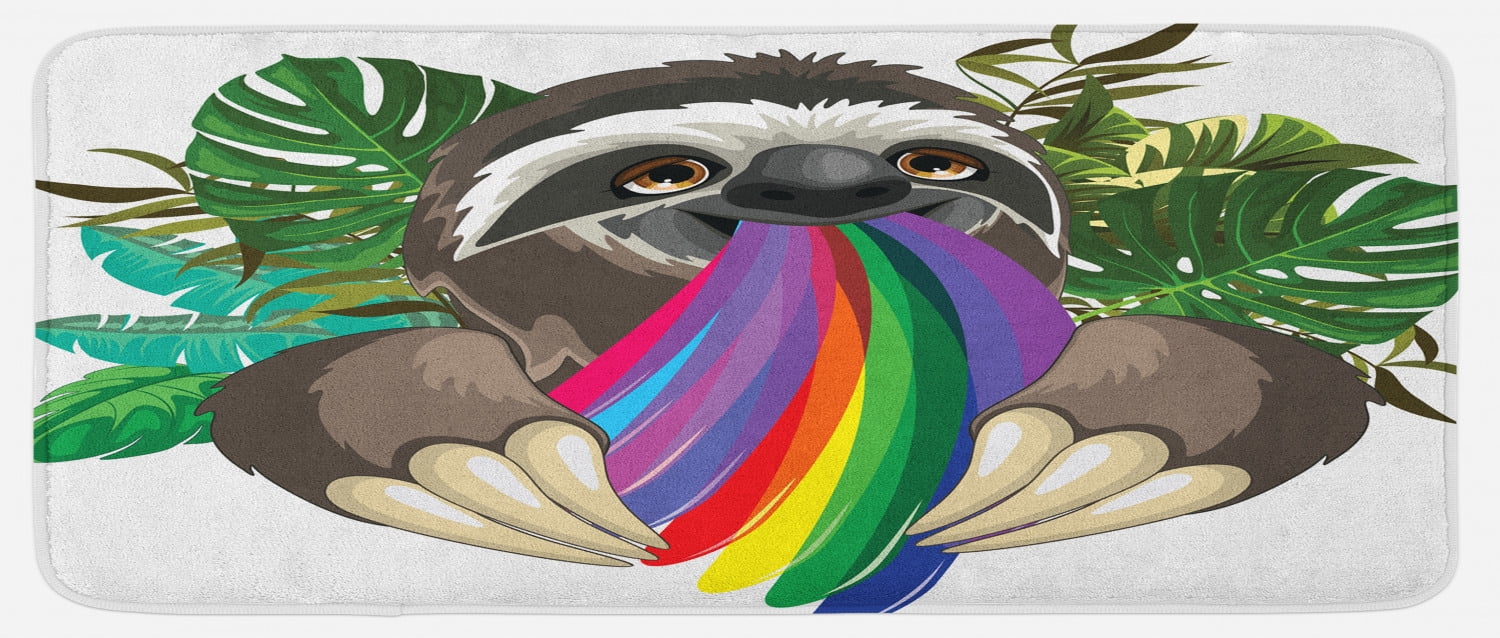 Sloth Kitchen Mat, Indolent Jungle Animal Spitting Rainbow Colors on ...
