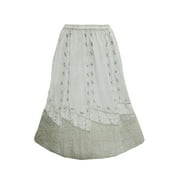 Mogul Women's Stonewashed Skirt Stylish Grey Embroidered Rayon Midi Skirts