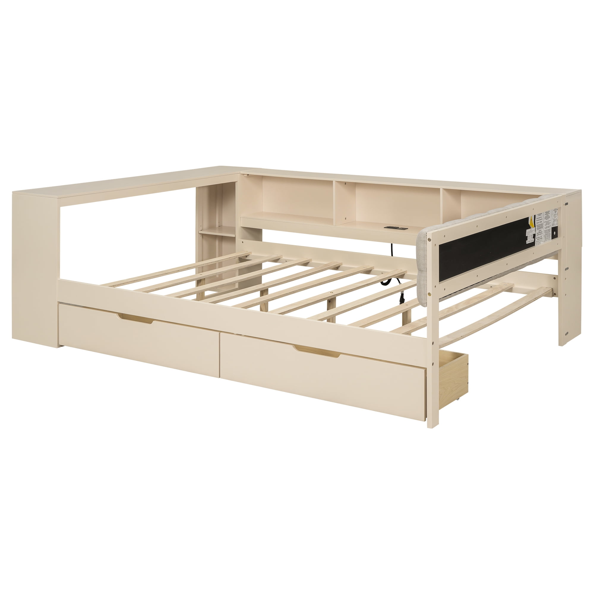 Euroco Wood Full Size Platform Bed with Desk and Shelves, Drawers and USB Charging, Cream
