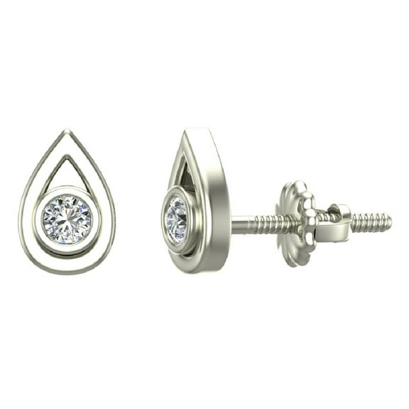 Teardrop Diamond Earrings 10K White Gold Stud Earrings Bezel Set 1/10 CT TW