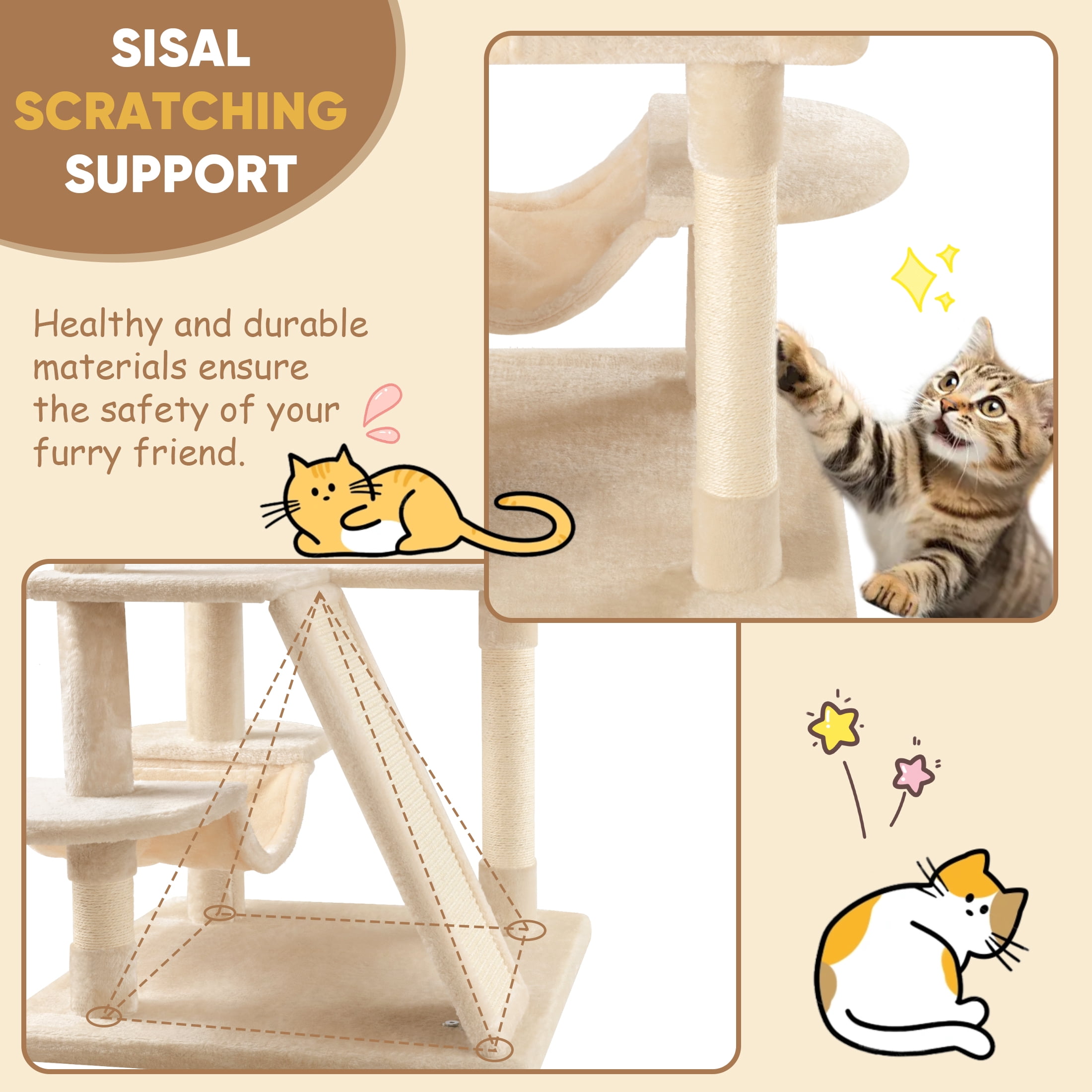 Einfach 65.7" Large Cat Tree and Tower for Cats, Condo House with Hammock, 2 Scratching Boards & 5 Scratching Posts, Beige