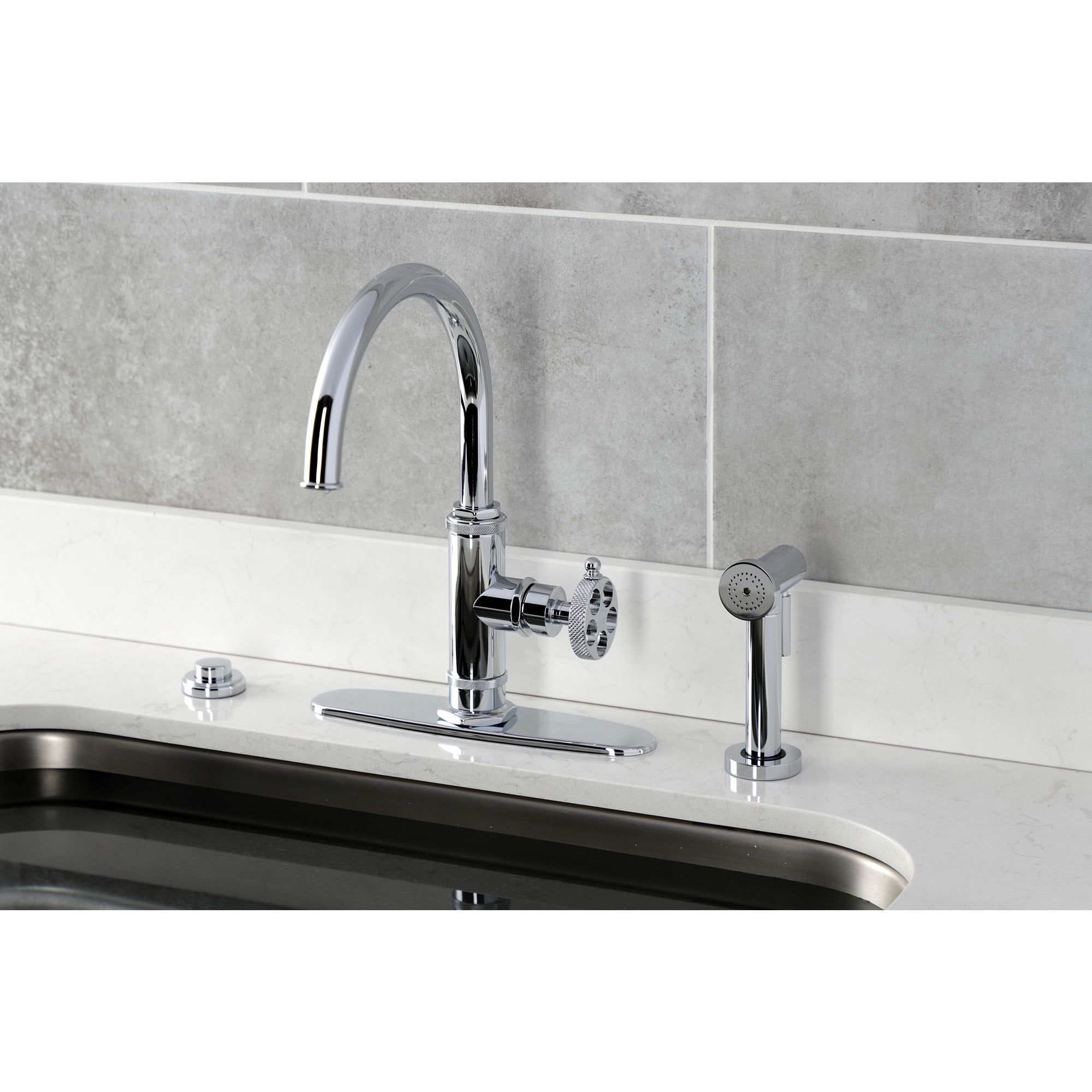 Kingston Brass KS2431RKX Webb Single-Handle Kitchen Faucet with Knurled Handle and Brass Side Sprayer, Polished Chrome