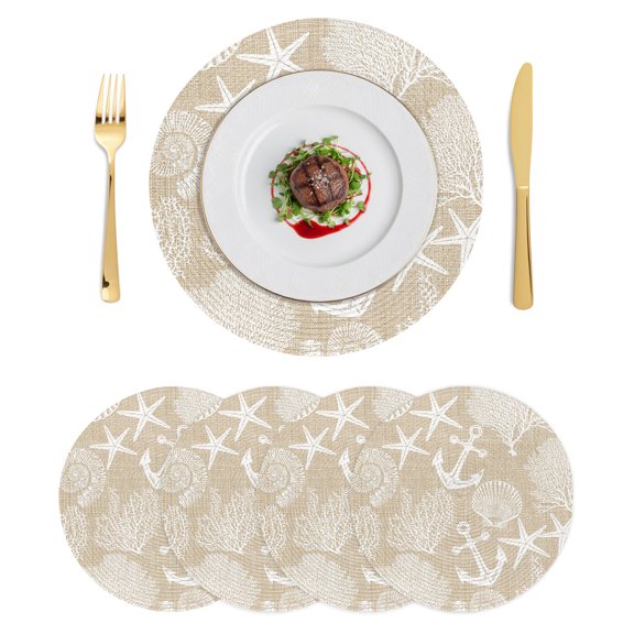 Round Placemats Nautical Coastal 15 inch Set of 4 Table Mats for Dining Table Summer Ocean Anchors Starfish Corals Linen Heat Resistant Non-Slip Kitchen & Home Decorative Place Mat Set