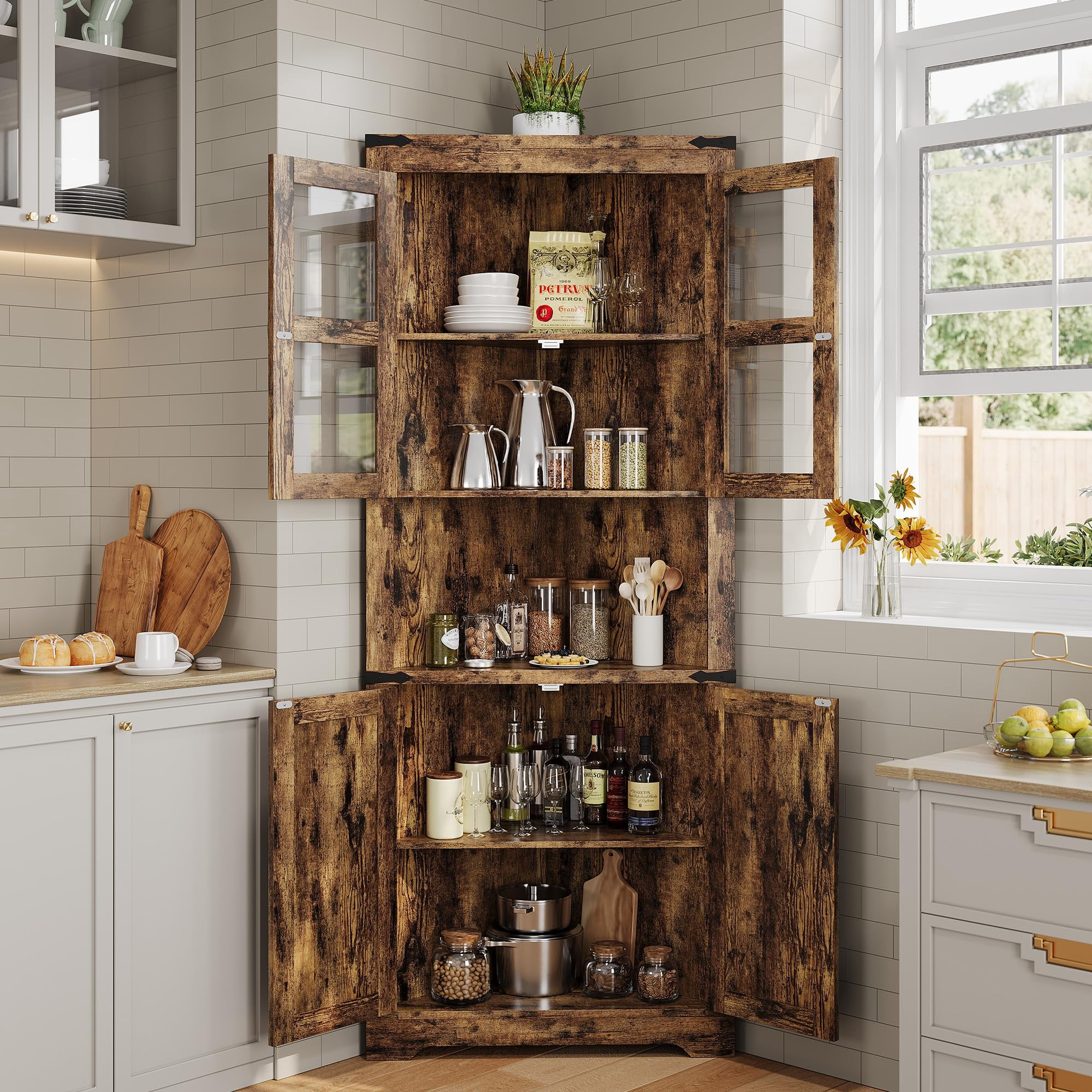 Corner Storage Cabinet with Glass Doors, Double-Door Corner Cabinet, Corner Cabinet with Shelves, Corner Cabinet with Light Strips-Retro color