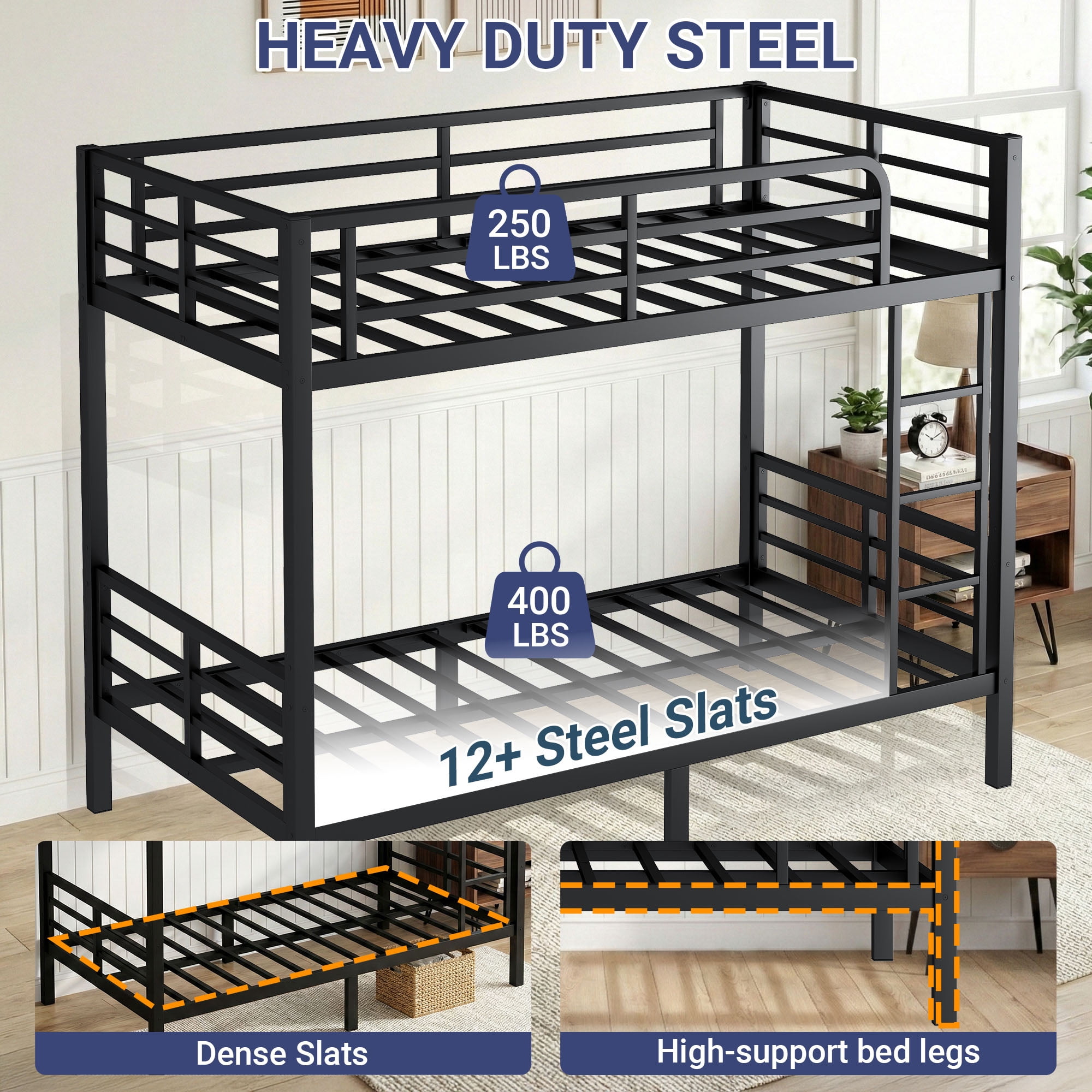Miniyam Twin over Twin Metal Bunk Bed with Underbed Storage,Black