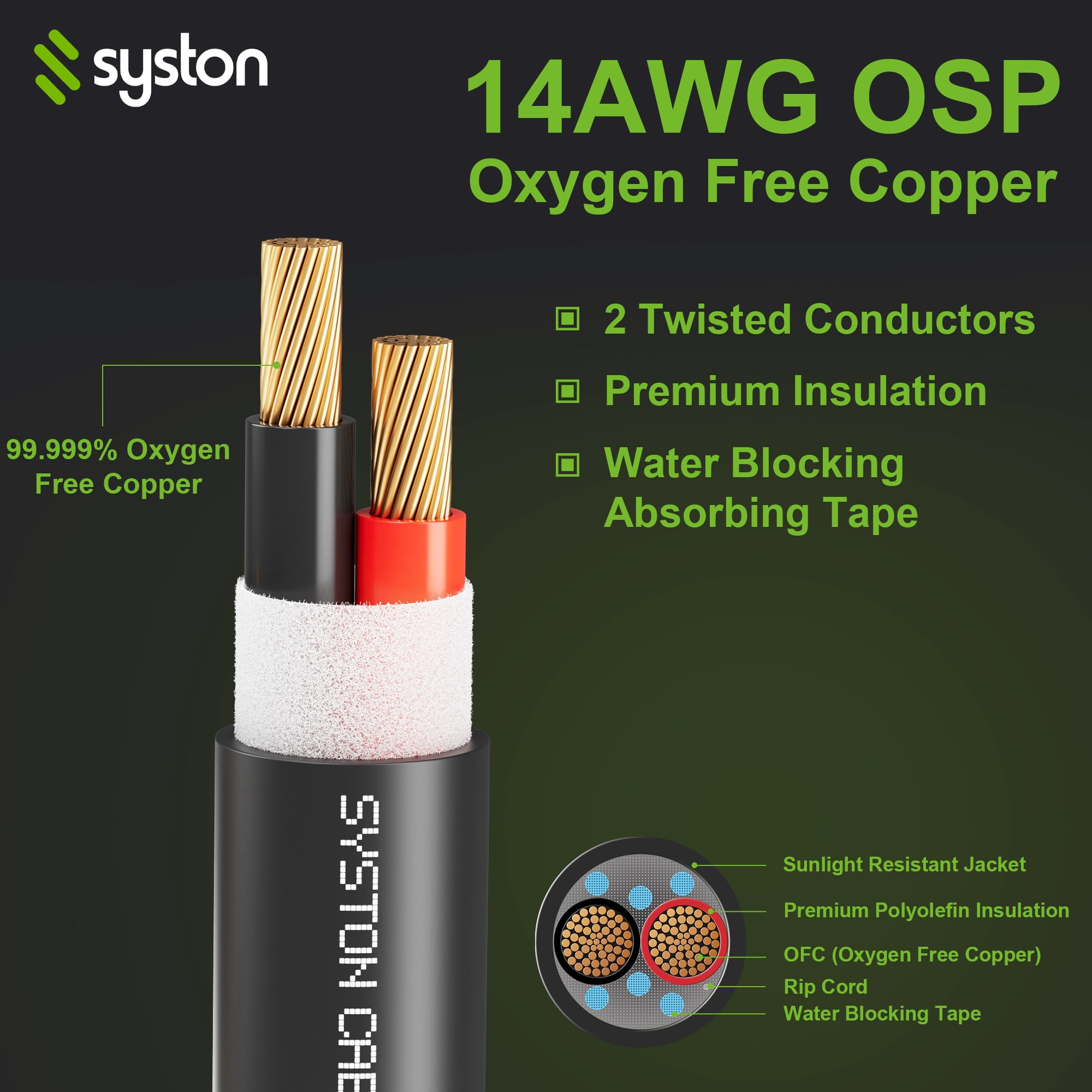 SYSTON 14/2 Speaker Wire Audio Cable Outdoor Direct Burial Indoor in Wall/in Ground, 14 Gauge 2 Conductors OFC Stranded Bare Copper Sunlight Water Resistant RoHS Compliant Bulk Cable, Black 20 FT