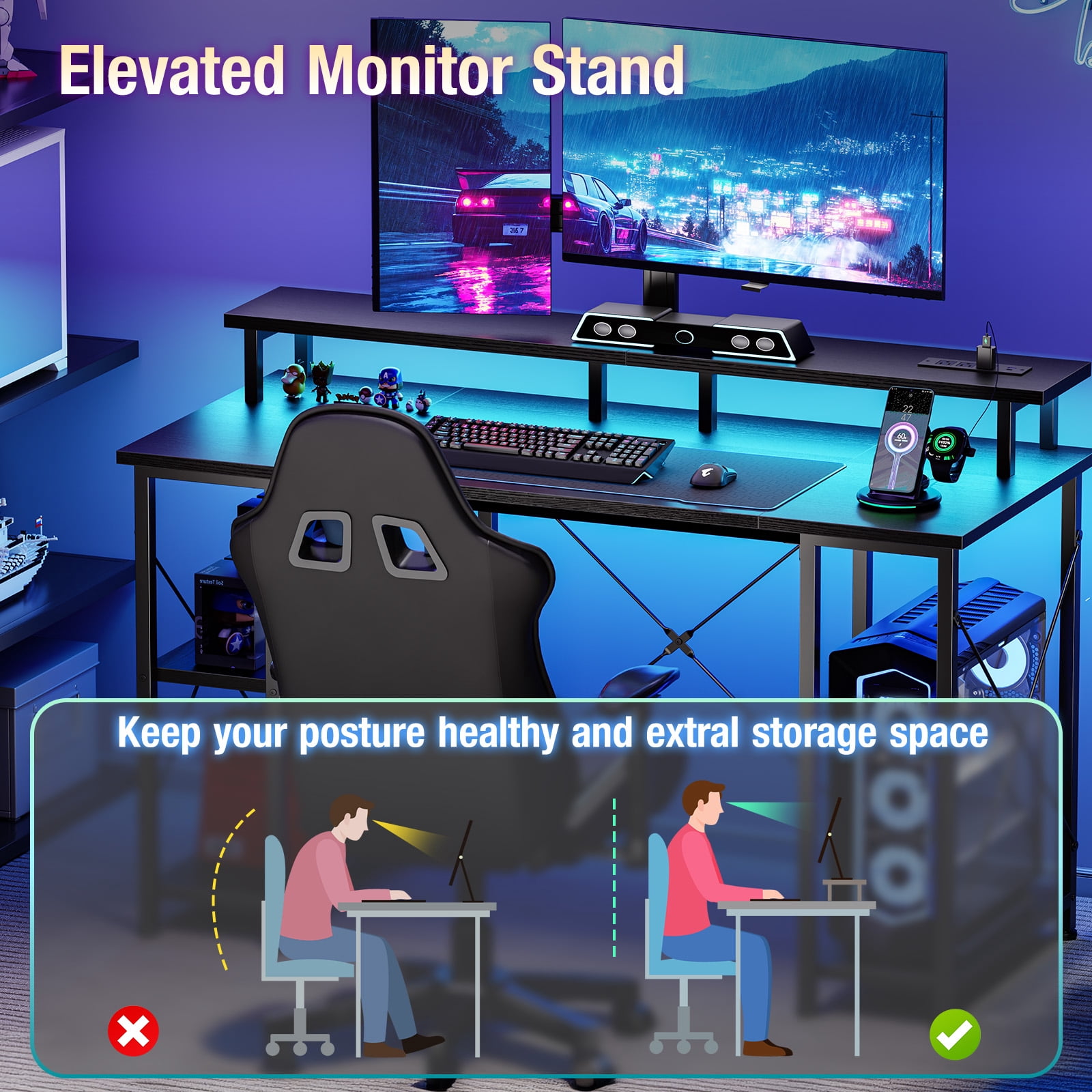 CONCETTA 48" Computer Gaming Desk with LED Light, Power Outlet, Monitor Stand, Headphone Hook, Black