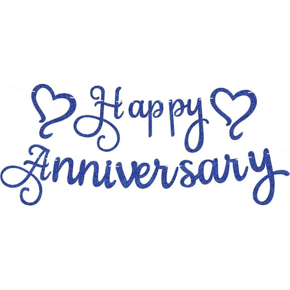 Pre-Strung Royal Blue Glitter Happy Anniversary Banner - Wedding Anniversary Decorations & Decor, Photo Booth Props