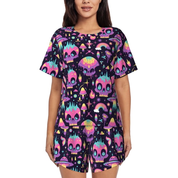Balery cartoon Skull rainbow space Conjunto de Pijama para Mujer con Estampado, Dos Piezas de Manga Corta y Shorts, Ropa de Dormir Suave con Cuello Redondo y Bolsillos-Large