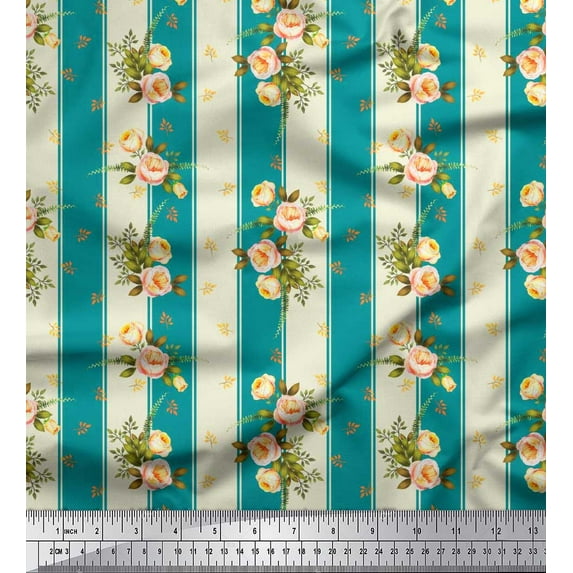 Soimoi Modal Satin Fabric Stripe,Leaves & Rose Floral Printed Craft Fabric by the Yard 42 Inch Wide