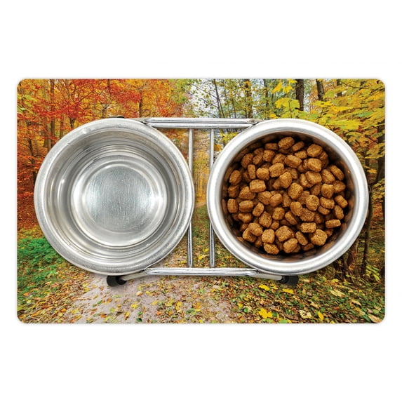 Fall Pet Mat for Food and Water, Colorful Autumnal Landscape with Forest and Fallen Leaves, Non-Slip Rubber Mat for Dogs and Cats, 18" X 12", by Ambesonne