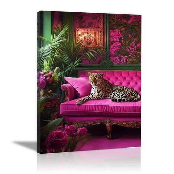 Mudket Leopard on Hot Pink Sofa Canvas Wall Art, Maximalist Luxury Trendy Wall Art Print Waterproof Canvas for Preppy Living Room Apartment Home Decor, Framed Ready to Hang - 12"L x 8"W