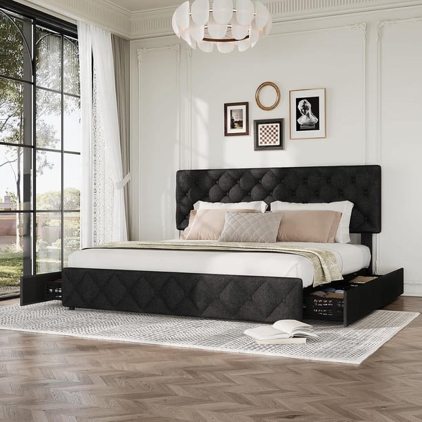 Qinaqin King Size Cama Frame con 4 Almacenamiento Cajones y Ajustable cm de Alturaeadboard Linen Upholstered Platform Profundidadiamante Stitched Button Tufted No Caja Spring Needed Negro