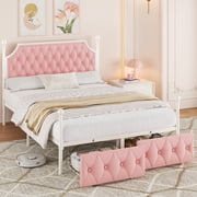 Homfa Full Size Upholstered Canopy Bed Frame for Bedroom, 2 Storage Drawers Platform Bed, Canopy Bed Curtain Not Included, Pink