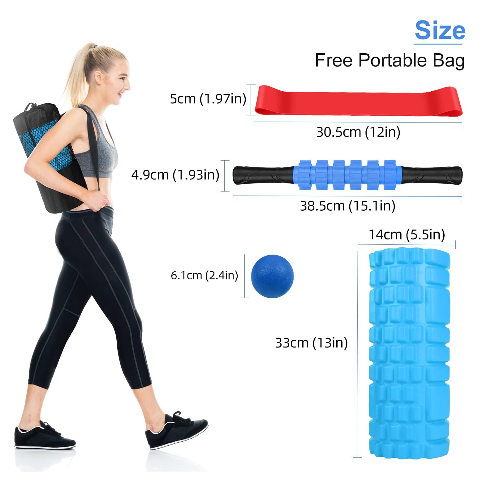 5 In 1 Foam Roller Set Includes Hollow Core Massage  Yoga Stick Ball Fitness Stretching Strap Carrying Bag Towel (blue)