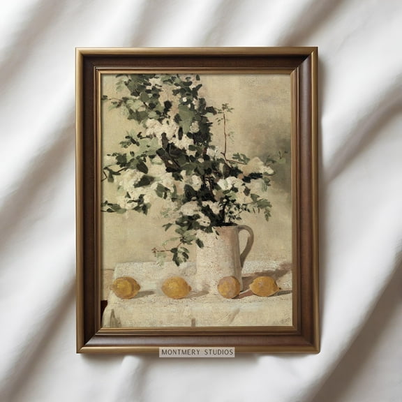 Flowers And Lemons Still Life Print, Vintage Floral Wall Art, Rustic Kitchen Decor, Antique Dining Room Art, Cottagecore Poster, Sl Warm Present Vintage UNFRAMED Poster Size 8x12