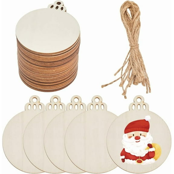 Unfinished Natural Wood Cutouts Ornaments with Jute Twine Hanging Decorations for Party Gift Home Decoration Flat Round 80x65x2mm Hole: 5mm 30pcs