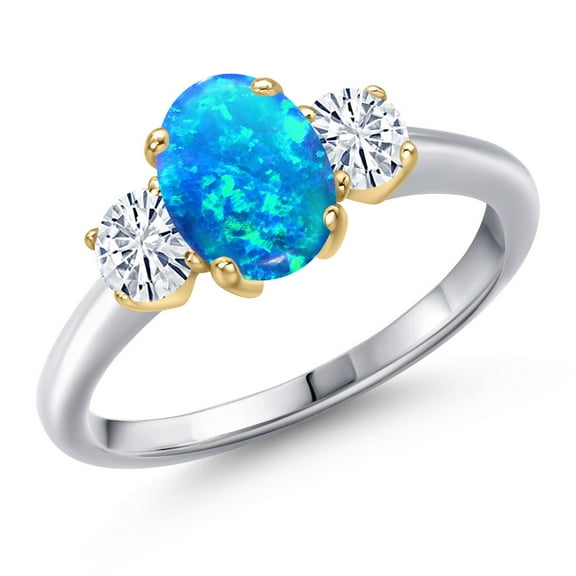 Gem Stone King 925 Silver and 10K Yellow Gold Simulated Blue Opal and White Moissanite Engagement Ring for Women | 1.52 Cttw | Oval Cabochon 8X6MM | Gemstone October Birthstone | Size 7