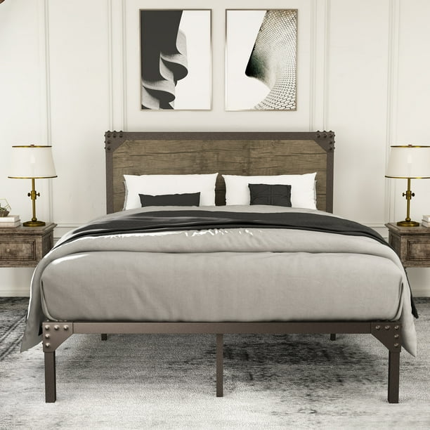 Amolife Queen Size Bed Frame with Industrial Wooden Rivet Headboard