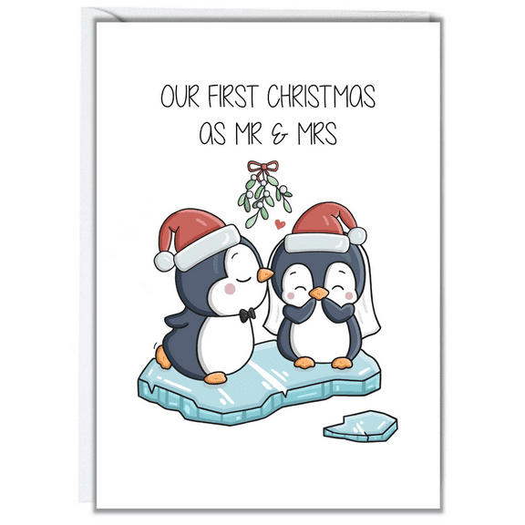 Our First Christmas as Mr & Mrs Penguin Card – Cute Holiday Greeting for Newlyweds with Envelope – Perfect for Personalized Messages