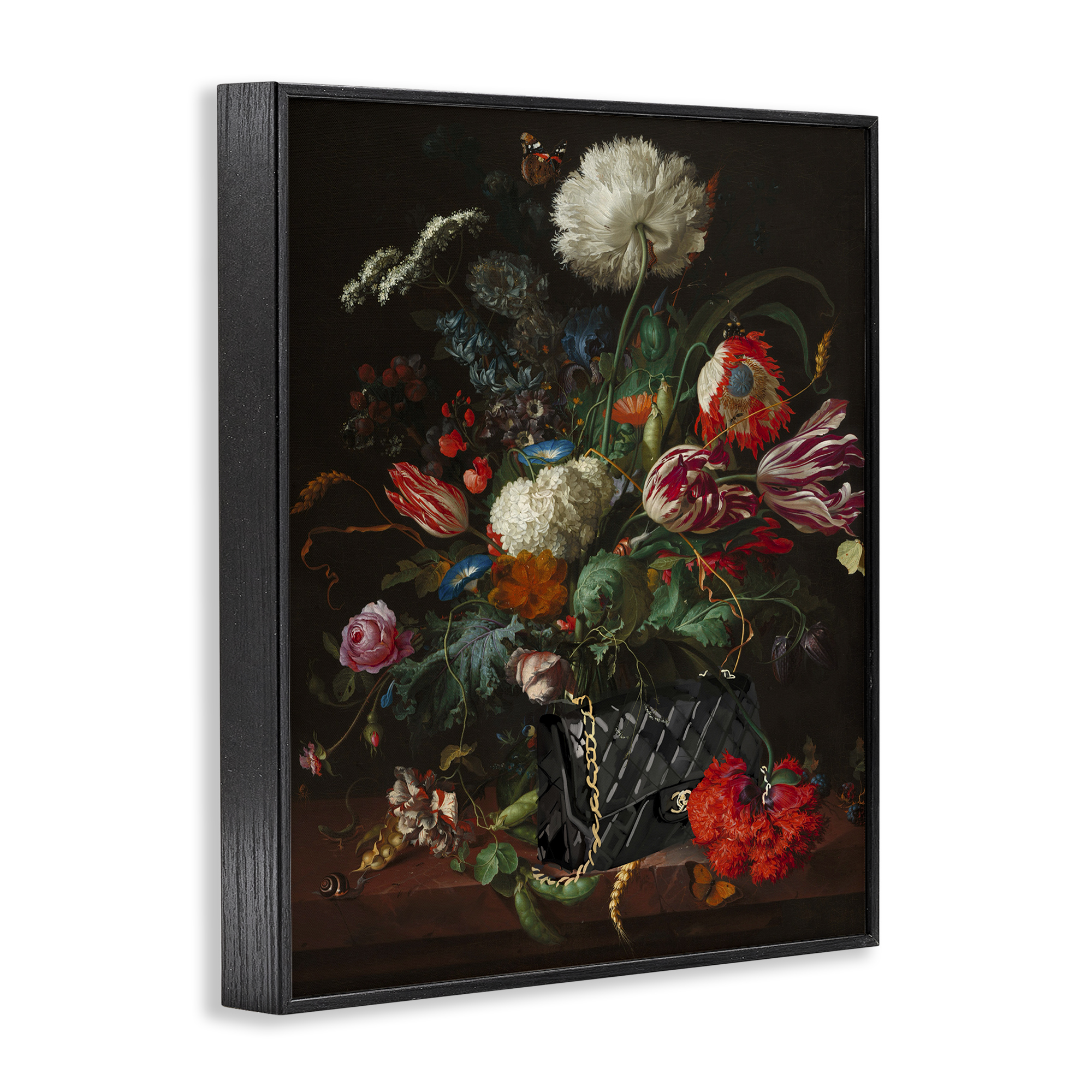Stupell Industries Vintage Bouquet with Purse Botanical & Floral Painting Black Framed Art Print Wall Art, 16 x 20