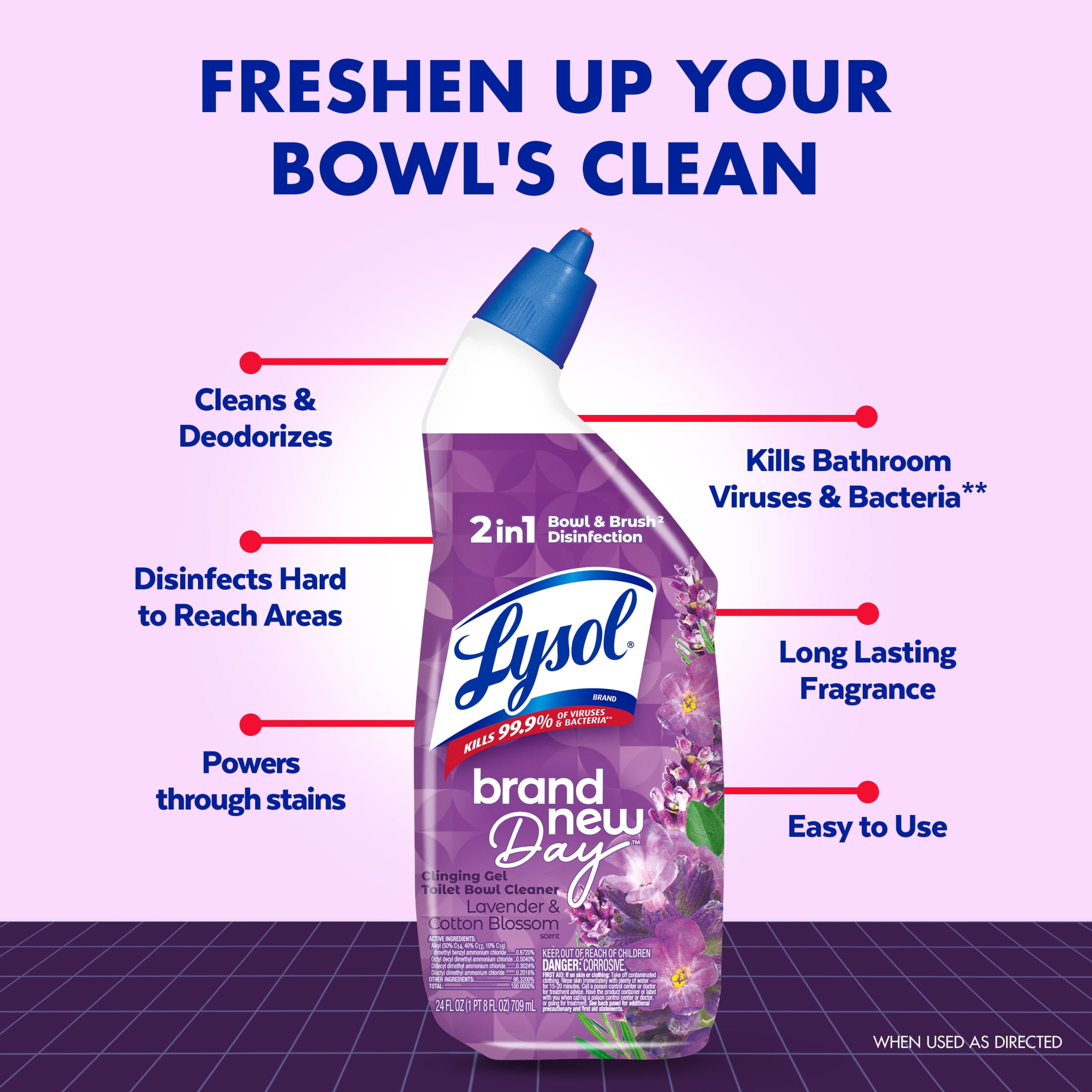 (2 pack) Lysol Toilet Bowl Cleaner Clinging Gel, Disinfecting Bathroom Cleaner and Toilet Bowl Stain Remover, Lavender & Cotton Blossom Scent, 24 fl oz
