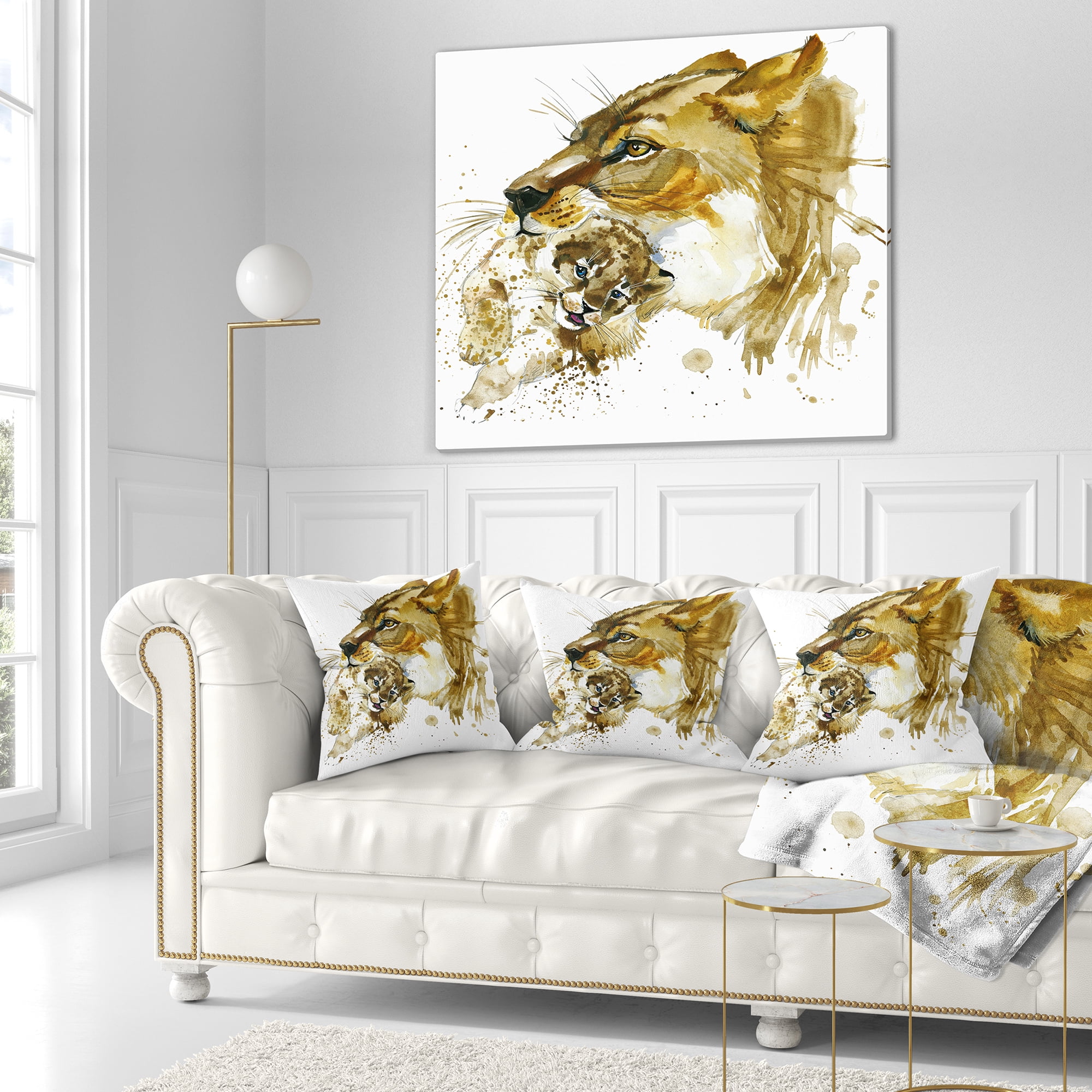 Designart Lioness and Cub Illustration - Animal Throw Pillow - 18x18
