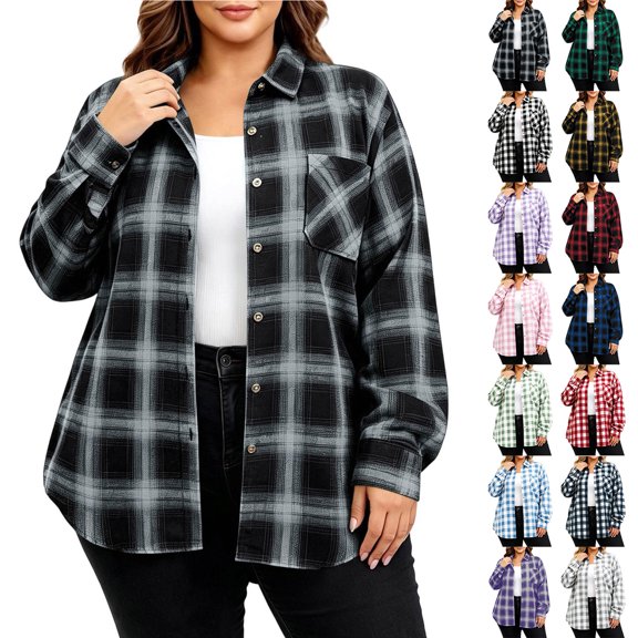 ClodeEU Women's Plus Size Plaid Button Down Shirt,Long Sleeve Collared Casual Oversized Shacket ,Women's L-XXXXXL
