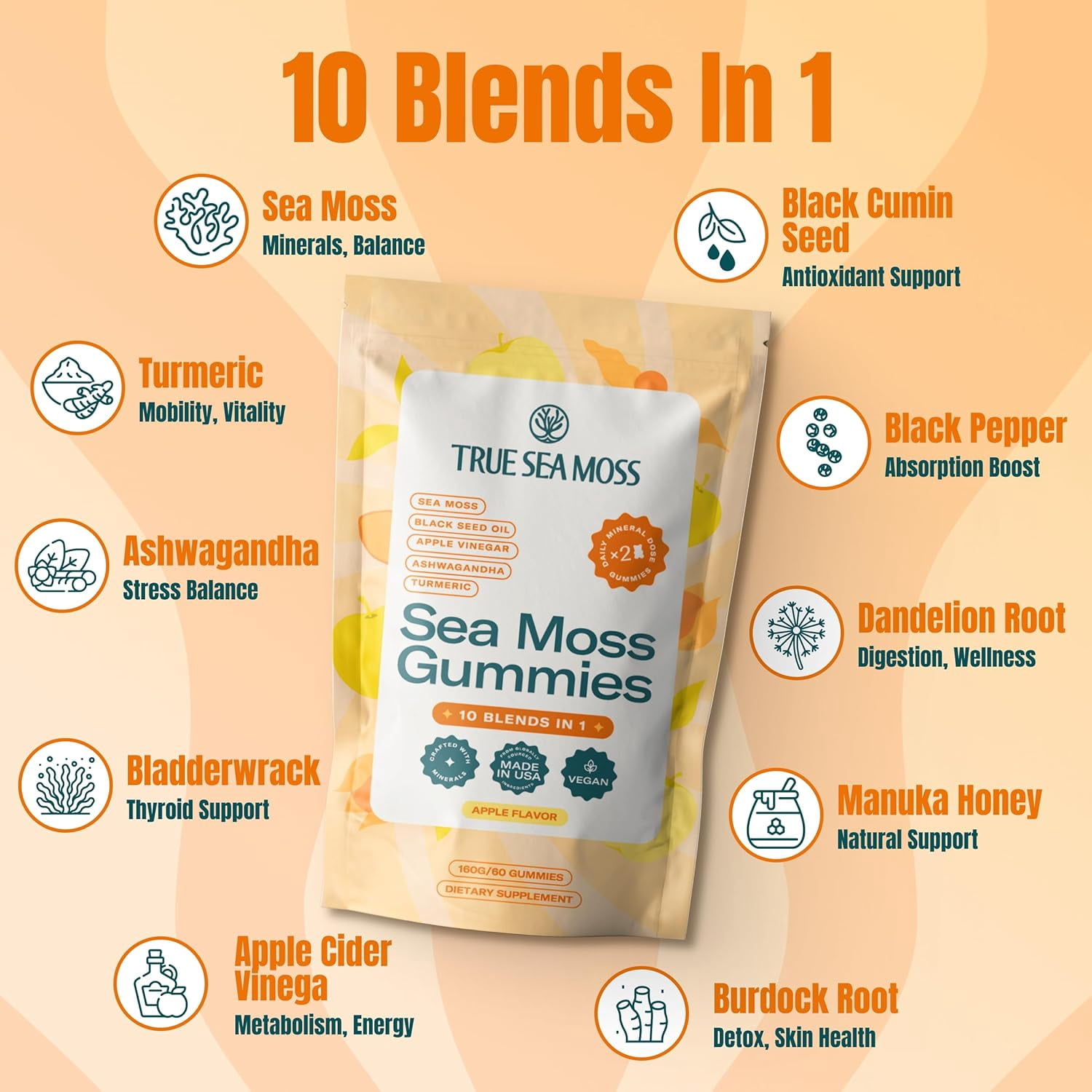 Sea Moss & Apple Cider Vinegar Gummies – 10-In-1 Herbal Formula with Black Seed Oil, Ashwagandha, Turmeric, Bladderwrack, Burdock Root, Dandelion – Natural Apple Flavor – 60 ct – Made in the USA