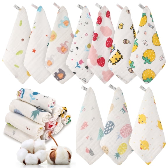 KABOER 10 Pcs Muslin Baby Burp Cloths, 10"X10" Cotton Burp Rags for Boys Girls, Thicken Super Soft Absorbent and Soft 6 Layers Muslin Cloth Baby for Newborn