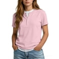thumbnail image 2 of VJGBEGW Women's Fashion Fake Two-Piece Henley Neck Short Sleeve T-Shirt Casual Loose Fit Basic Tee Top Breathable Cotton Blend Shirt Pink 2XL, 2 of 6