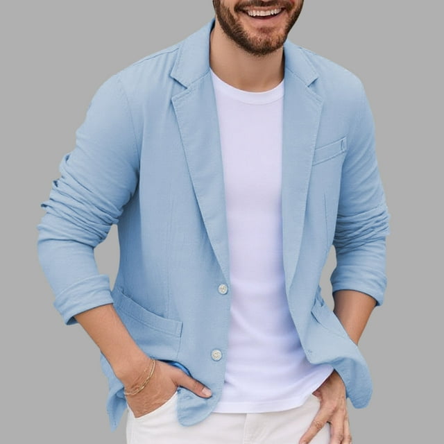 Veste de Costume Décontractée pour Hommes avec Col à Revers, Manches Longues, Matériau Imitation Lin, Détails avec Poches