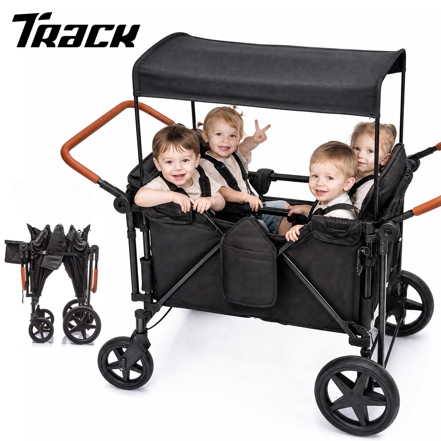 Track Seven Wagon Stroller for 4 Kids, Heavy-Duty 4 Seater Folding Quad Wagon with 5-Point Harness, Removable Sun Canopy & Snack Tray, All-Terrain PU Wheels, Adjustable Handles & Storage Basket,Black