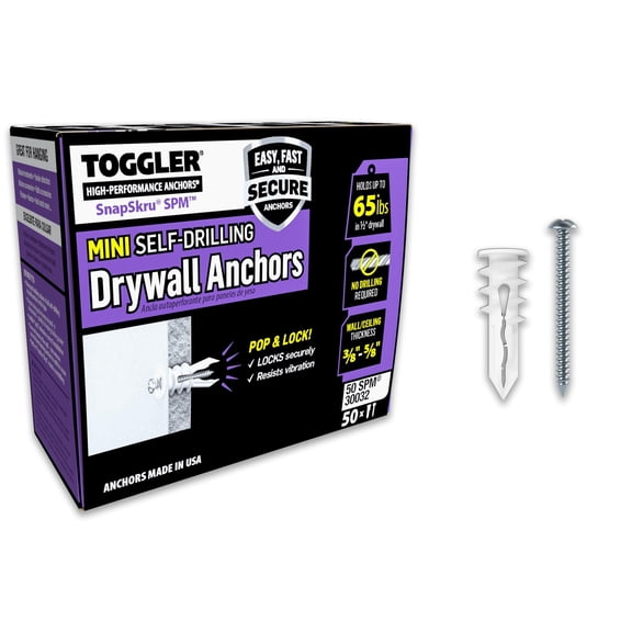 TOGGLER SnapSkru SPM Mini Self-Drilling Drywall Anchor with Screws, Glass-Filled Nylon, Made in US, for #6 to #8 Fastener Sizes Pack of 50