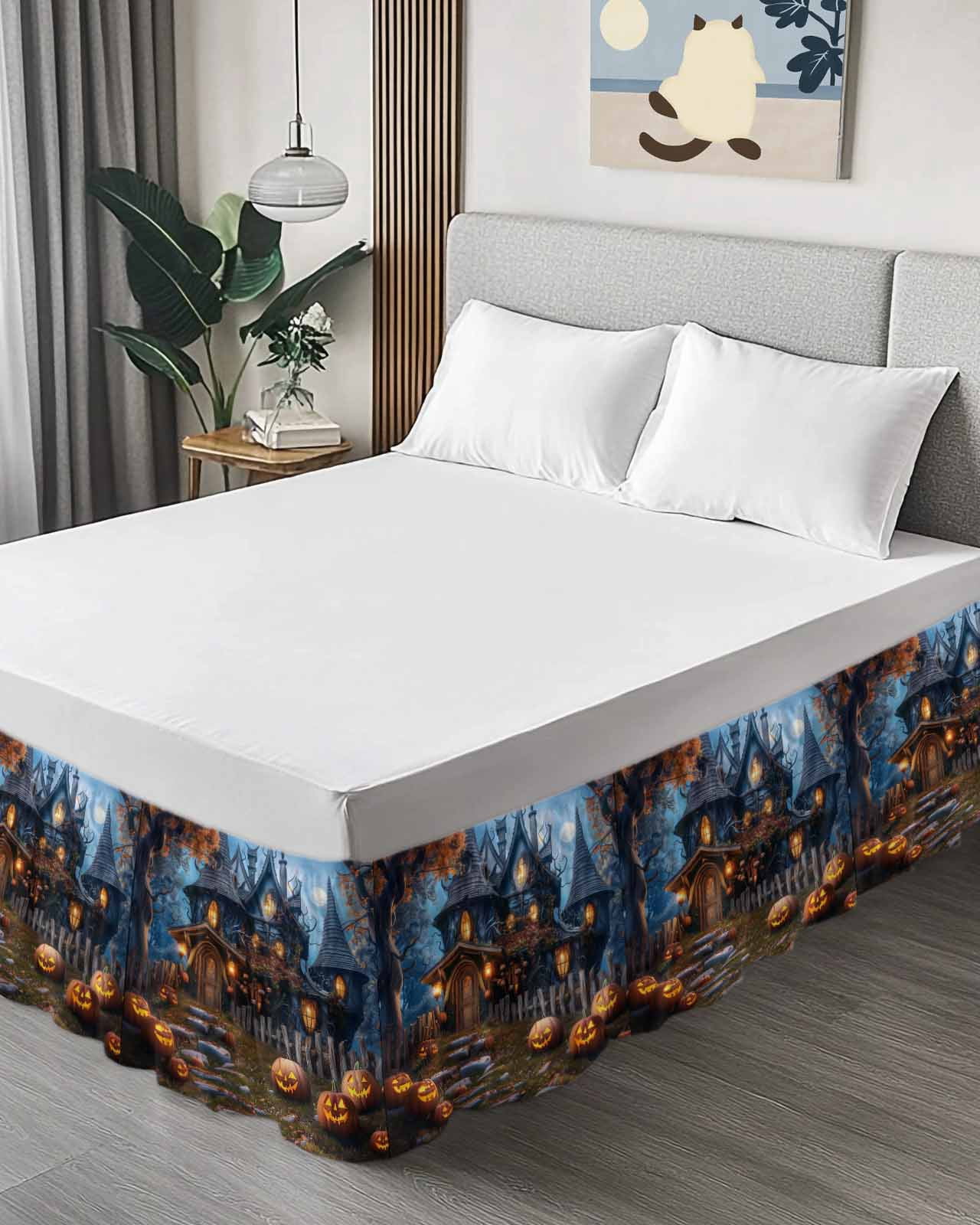 Halloween Mysterious Bed Skirt Forest Pumpkin Castle Bed Skirts King Size 16 Inch Drop, Wrap Around Dust Ruffle&nbsp;Bedskirt with Adjustable Elastic Belt for Queen Size Beds