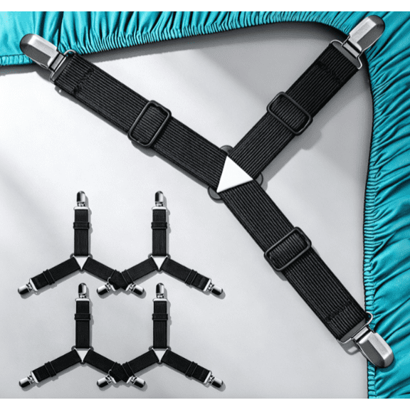 4 Pack Black Adjustable Bed Sheet Fasteners, Elastic Suspenders with Metal Clips, Secure Straps for Bed Sheets Mattress Covers Sofa Cushions Prevent Slipping