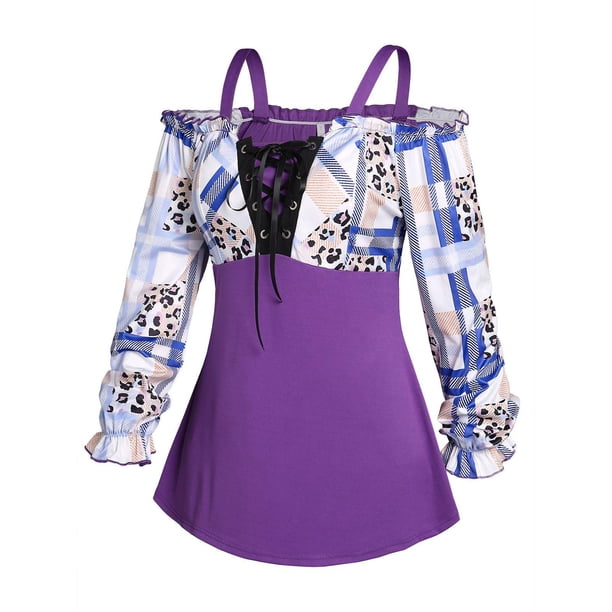 Tallas de tela escocesa de leopardo de talla grande t shirt Rosegal Mangas largas de talla grande