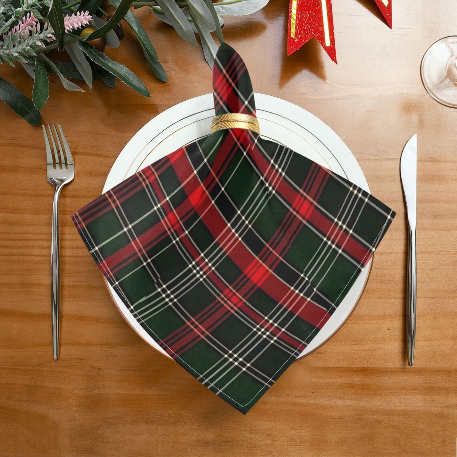 JSTEL Christmas Checked Tartan Cloth Napkins Set of 6, 20x20 Inch Washable and Reusable Napkin for Decoupage Dinner Party Everyday Use