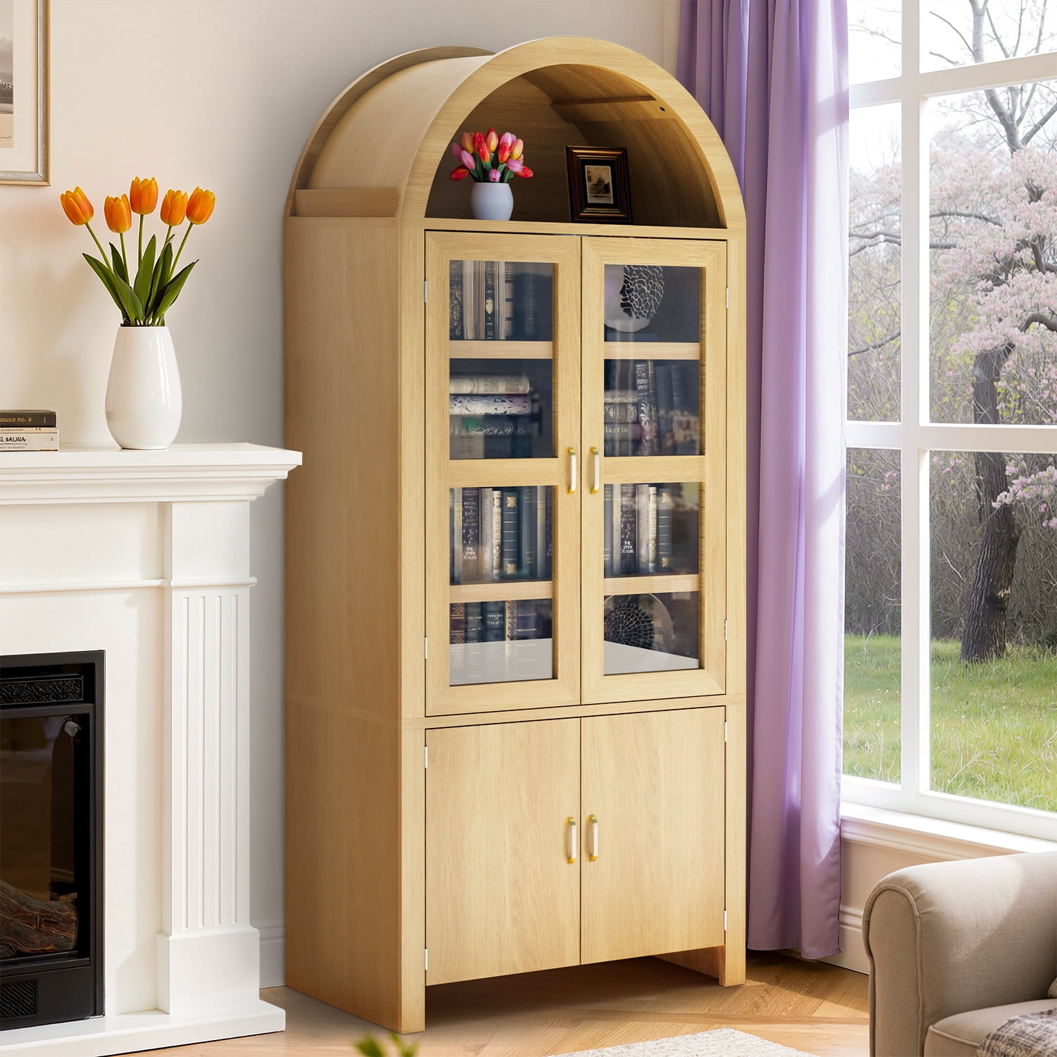 BaPro 71" Tall Arched Kitchen Pantry Cabinet, Modern Farmhouse Style Storage Cupboard with Adjustable Shelves for Dining & Living Room, Oak