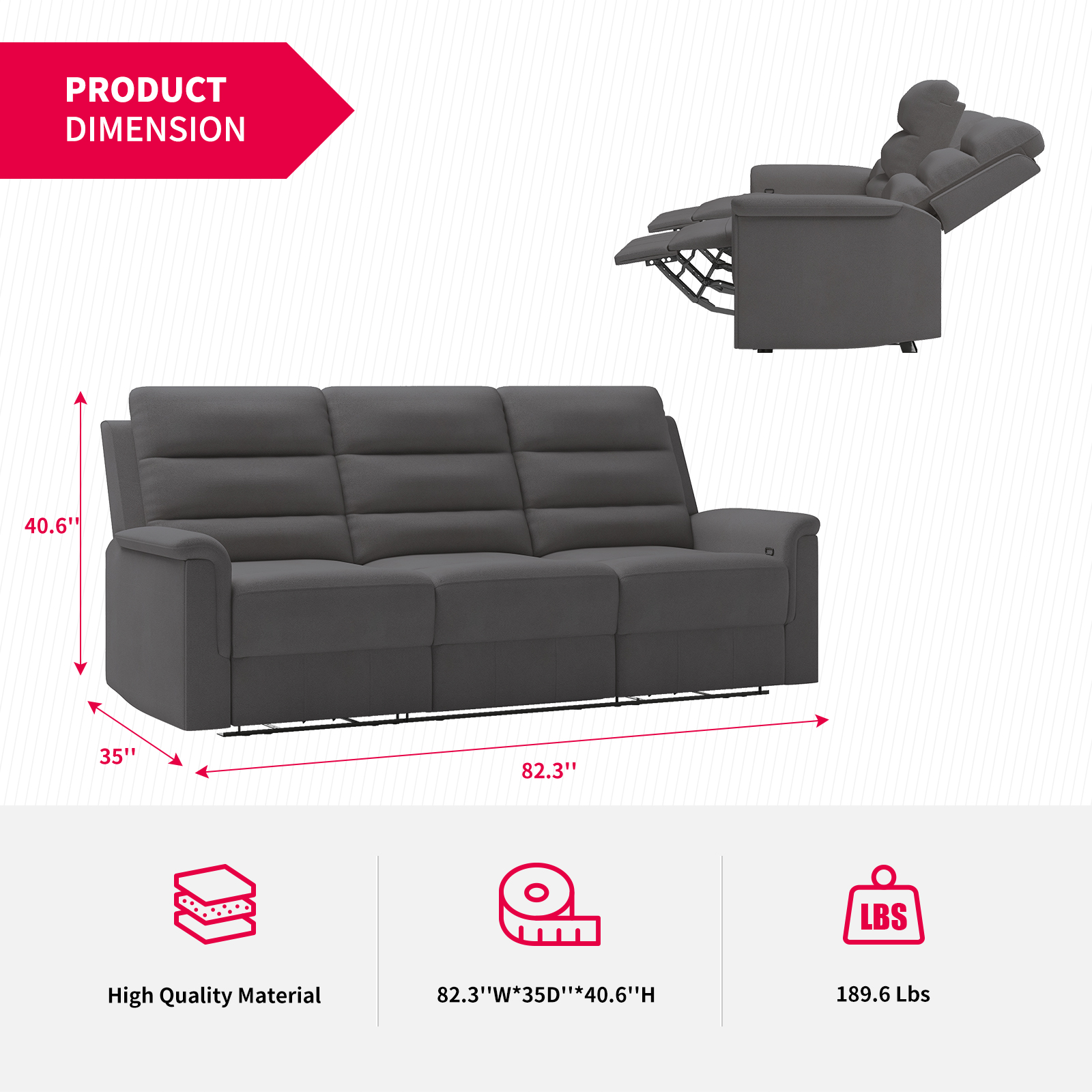 MUZZ Reclining Sofa Set, Modern Recliner Sofa with Cup Holders, Flip-Up Storage, Reversible Backrest and Footrest, Gray