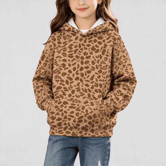 NEBWOAK Little Girls Leopard Print Fleece Hoodie, Long Sleeve Fleece Pullover with Kangaroo Pocket Brown, Size 5