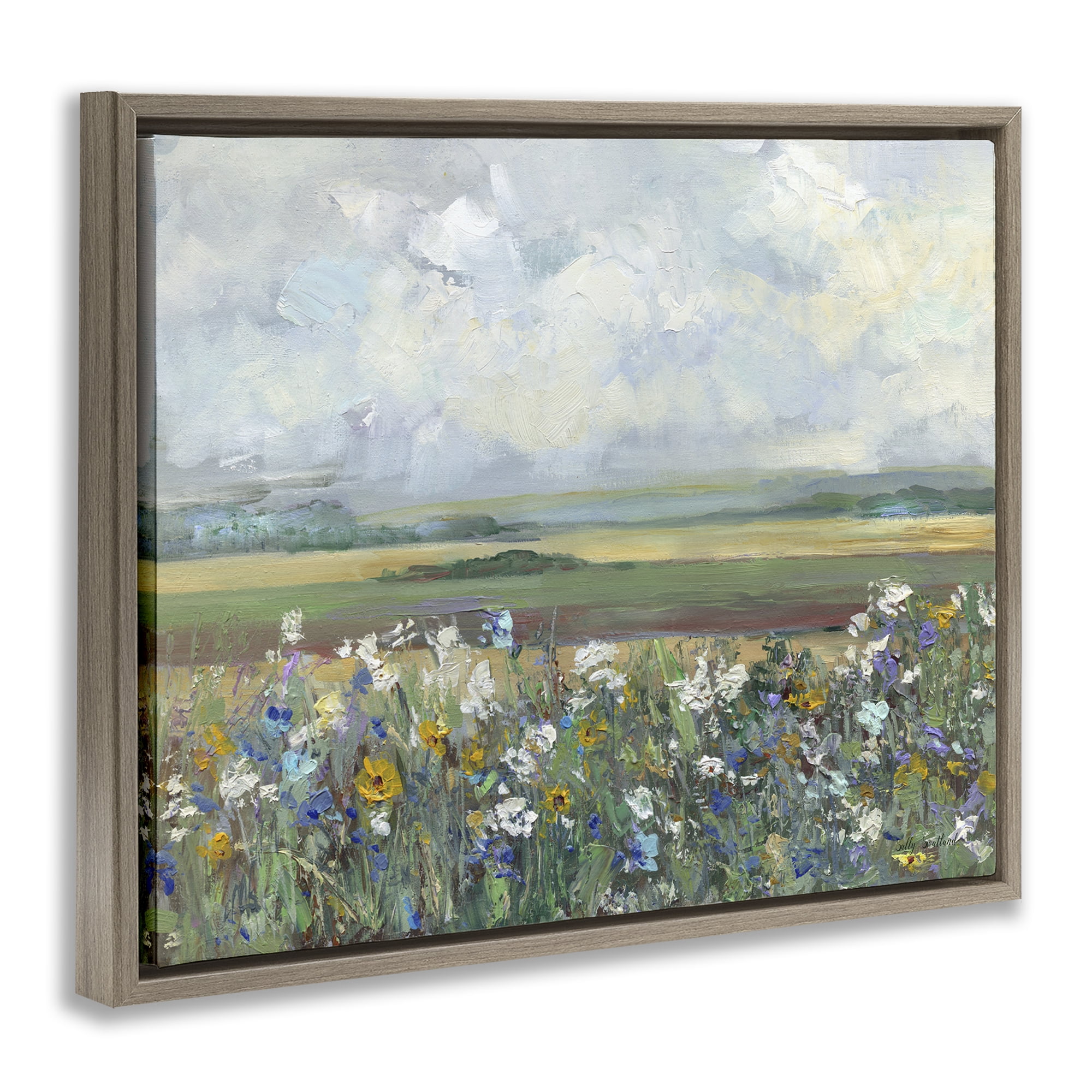 Stupell Industries County Meadow Clouds Overhead Landscape & Nature Painting Brown Floater Framed Canvas Art Print Wall Art, 25 x 31