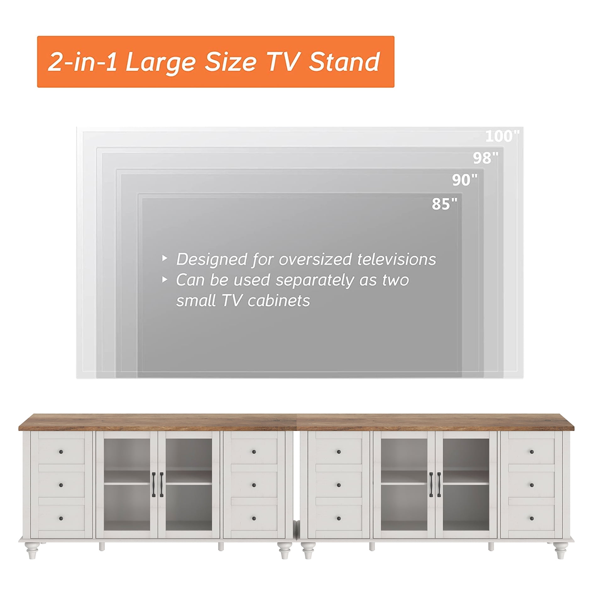 Glass Door TV Stand with Blue Light Farmhouse Modern TV Stand for TVs up to 110 inches,White Entertainment Center with 16 LED Light for Living Room