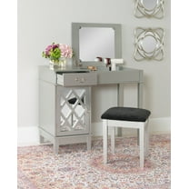 Linon Harper 2-Piece Vanity Set with Flip-Top Mirror and Upholstered Stool, Silver Finish with Black Fabric