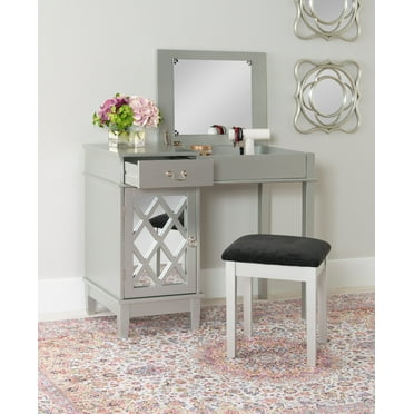 Linon Harper 2-Piece Vanity Set with Flip-Top Mirror and Upholstered Stool, Silver Finish with Black Fabric