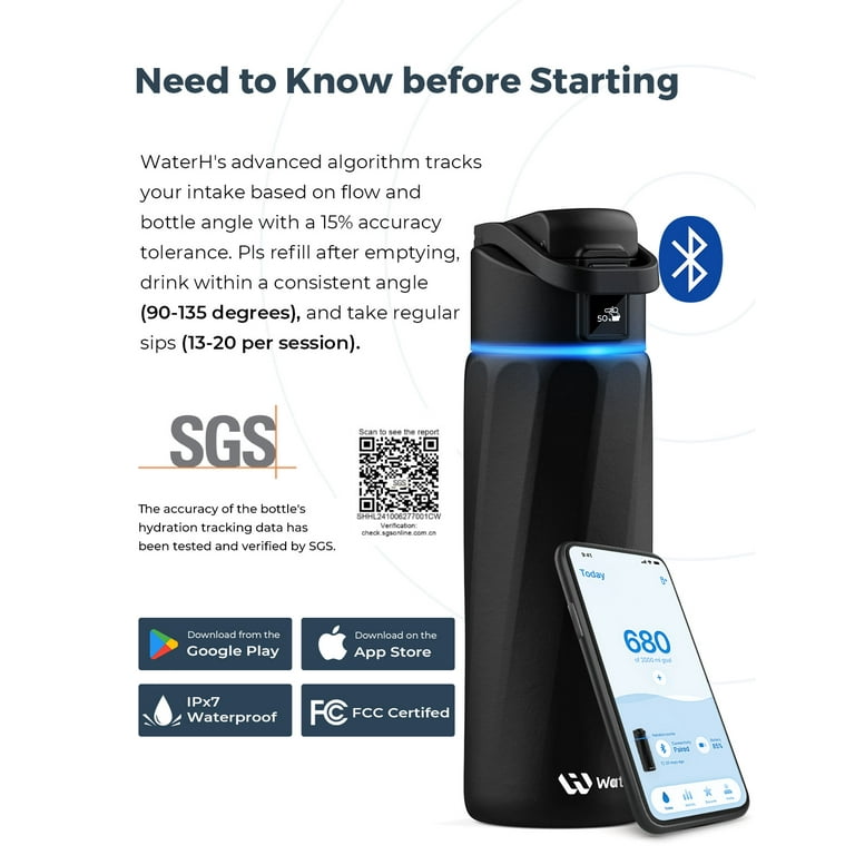 WaterH Smart Water Bottle 24oz with Hydration Tracking | Official Black