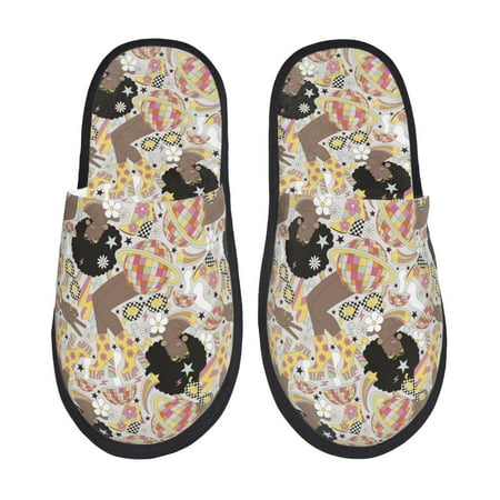 

Fuzoiu Groovy Disco Print Unisex Furry Slippers Plush Indoor Shoes Trendy House Slippers Anti-Skid EVA Sole House Shoes for Home Office and Travel -Medium