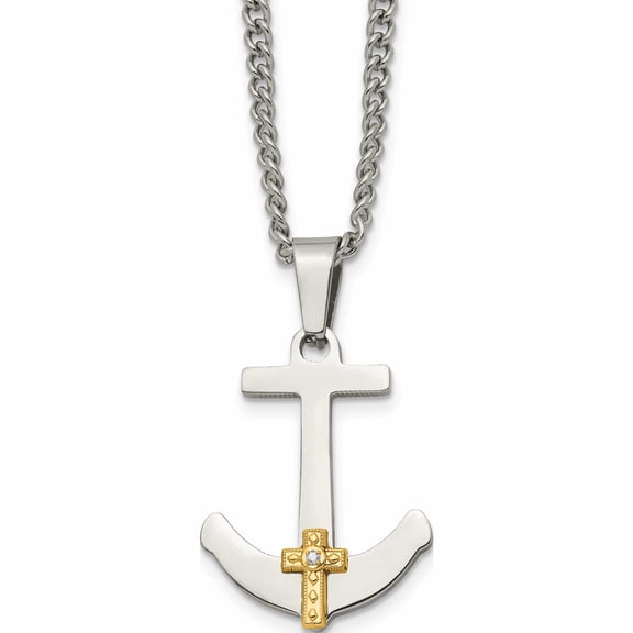Stainless Steel Polished With 14K Gold Diamond Anchor Mariner Cross Necklace Made In China -Jewelry By Sweet Pea